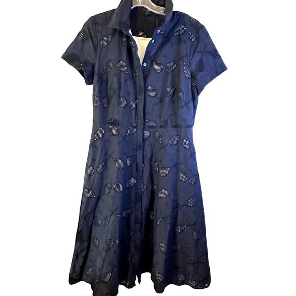 ANN TAYLOR sz 12 navy blue s/s fit flare tennis racquet eyelet dress pockets - Picture 2 of 8